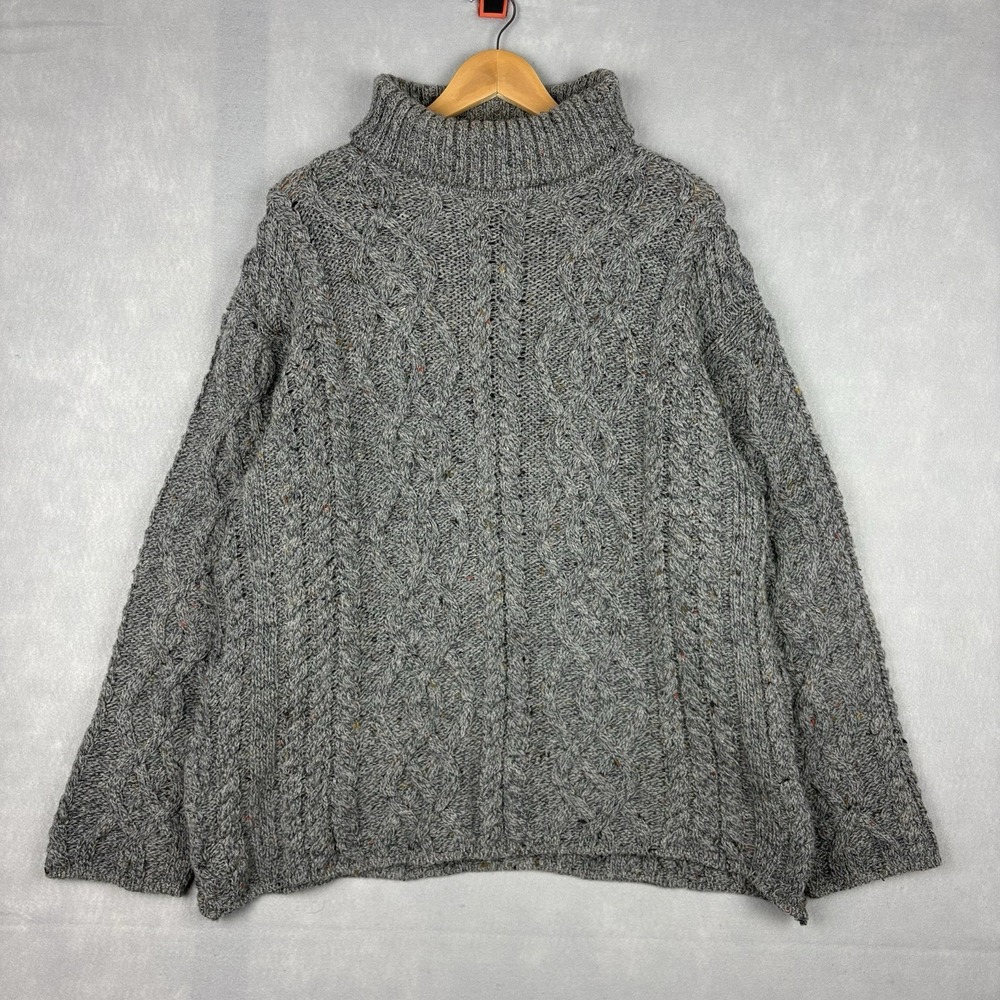 Glenbarra Wool Turtleneck Sweater Womens Large Gray Oversized Cable Knit Speck
